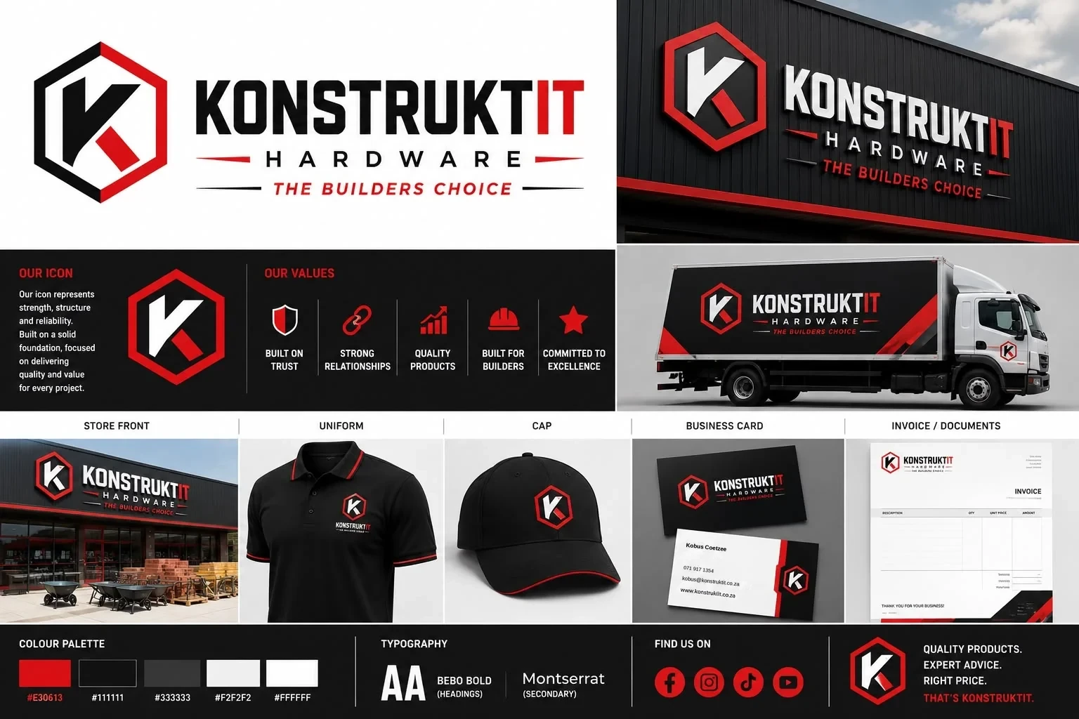 KonstruktIt brand identity board – logo, signage, vehicle, uniform, stationery and palette