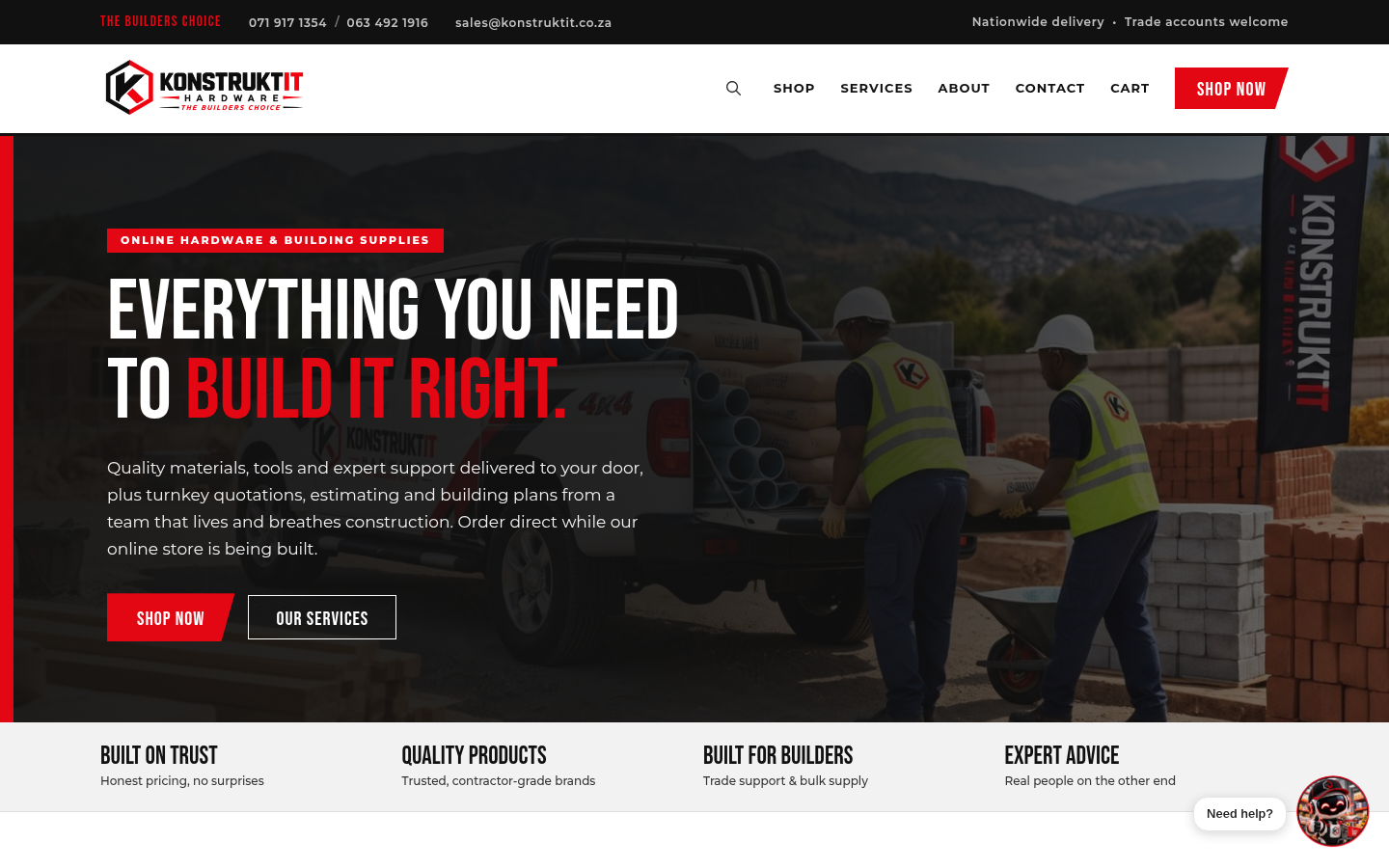 The konstruktit.co.za homepage, an online hardware and building-supplies store built by COIS Web Development